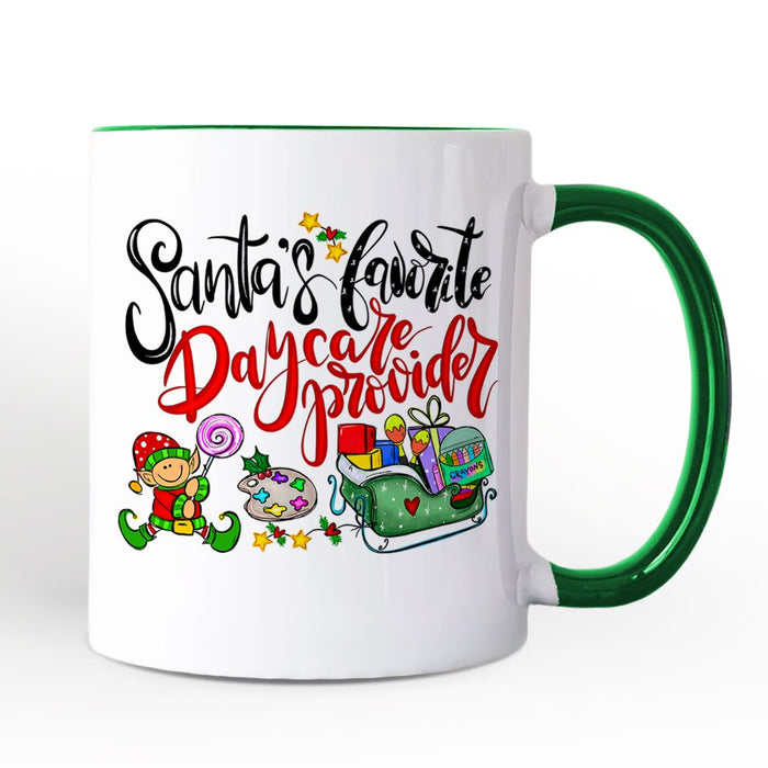 Santa's Favorite Daycare Provider Personalized Mug, Teacher Appreciation Gift with Custom Name Personalized Ceramic Mug OrnamentallyYou Green Handle Non-Custom