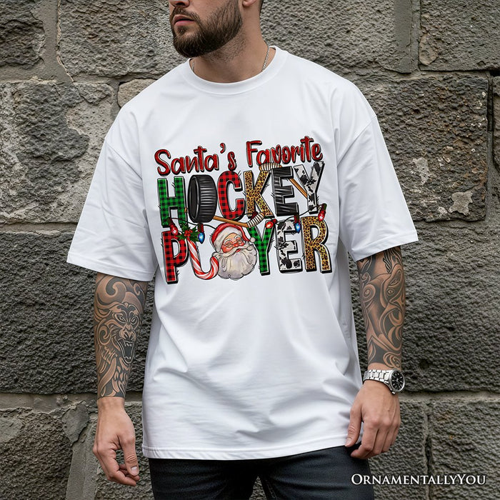 Santa’s Favorite Hockey Player Plaid Christmas T-Shirt, Sports Team Holiday Tee T-Shirts OrnamentallyYou