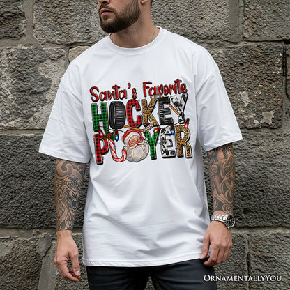 Santa’s Favorite Hockey Player Plaid Christmas T-Shirt, Sports Team Holiday Tee T-Shirts OrnamentallyYou