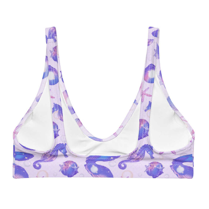 Sea Princess kawaii padded bikini top with conch shells and scallop shells in pastel blue, pink and purple