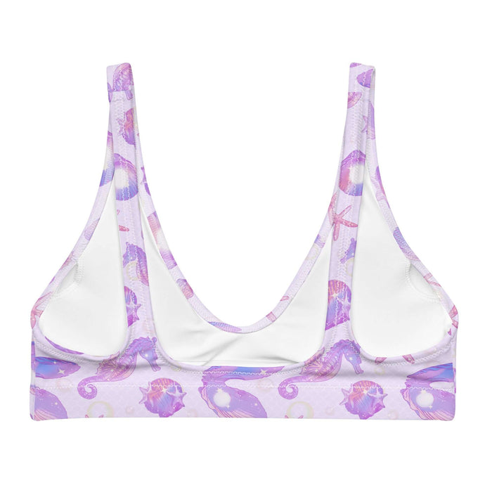 Sea Princess kawaii padded bikini top with seahorses and conch shells in pastel blue, pink and purple