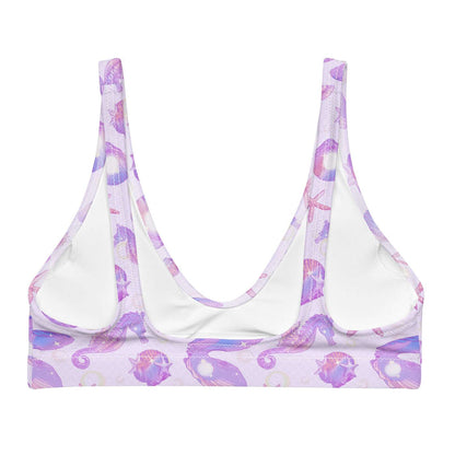 Sea Princess kawaii padded bikini top with seahorses and conch shells in pastel blue, pink and purple