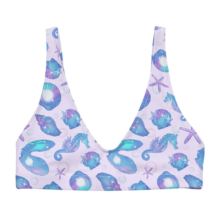 Sea Princess kawaii padded bikini top with scallop shells and oyster shells in pastel blue, pink and purple