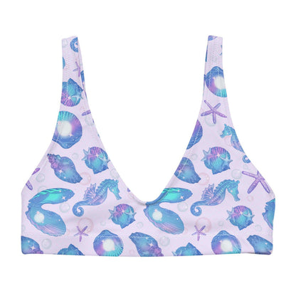 Sea Princess kawaii padded bikini top with scallop shells and oyster shells in pastel blue, pink and purple