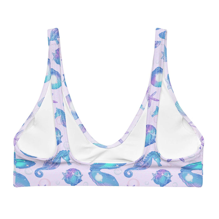 Sea Princess kawaii padded bikini top with starfish and spiral conch shells in pastel blue, pink and purple
