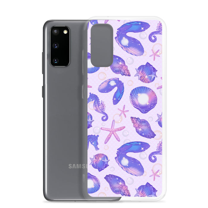 Stylish Sea Princess Samsung® Clear Case featuring seashells and stars, perfect for protecting your phone elegantly.