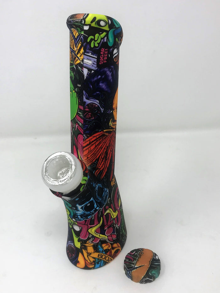 Silicone Detachable Unbreakable 8.5" Bong w/Glass Screen Bowl Fire Graphic Design
