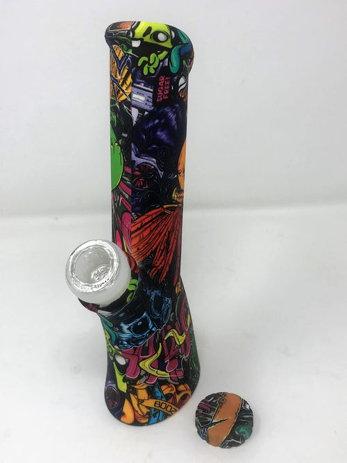 Silicone Detachable Unbreakable 8.5" Bong w/Glass Screen Bowl Fire Graphic Design