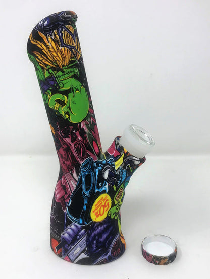 Silicone Detachable Unbreakable 8.5" Bong w/Glass Screen Bowl Fire Graphic Design