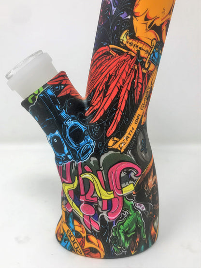 Silicone Detachable Unbreakable 8.5" Bong w/Glass Screen Bowl Fire Graphic Design