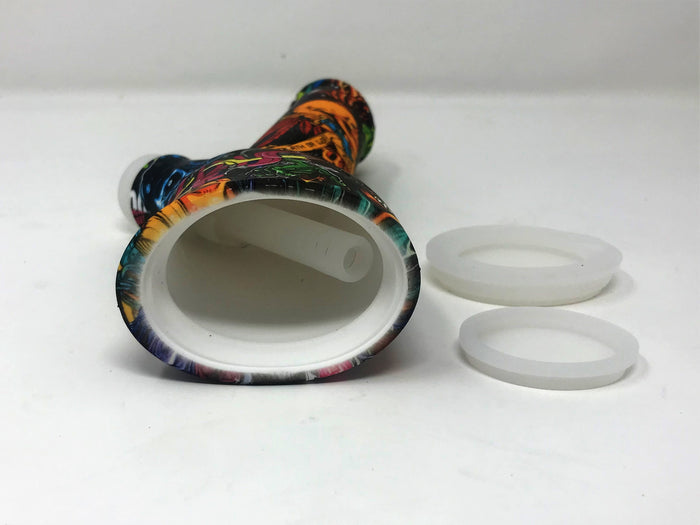 Silicone Detachable Unbreakable 8.5" Bong w/Glass Screen Bowl Fire Graphic Design