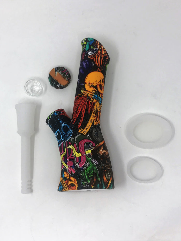Silicone Detachable Unbreakable 8.5" Bong w/Glass Screen Bowl Fire Graphic Design
