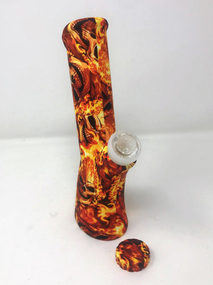 Silicone Detachable Unbreakable 8.5" Bong w/Glass Screen Bowl Fire Skull Design