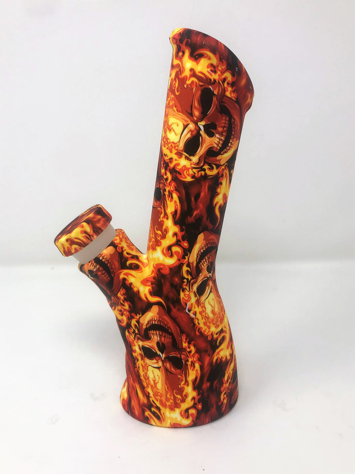 Silicone Detachable Unbreakable 8.5" Bong w/Glass Screen Bowl Fire Skull Design