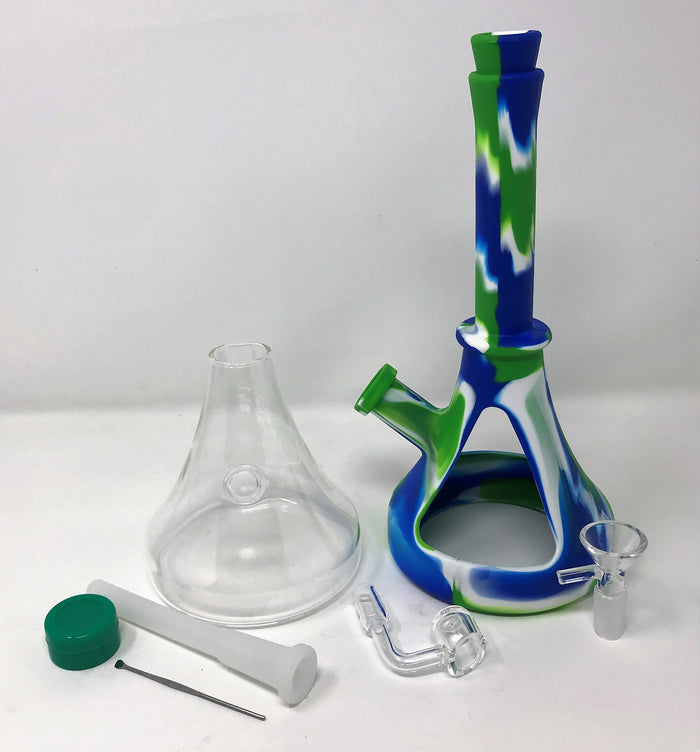 Silicone & Glass 10" Beaker Hybrid Bong Quartz Banger Tool Silicone Cont. Bowl