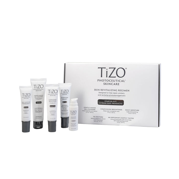 TiZO Photoceutical Skincare Skin Revitalizing Regimen box with TiZO Mini Gentle Amino Gel Cleanser, TiZO Mini Complexion Brightener, TiZO Mini Daily Moisture, TiZO Mini Eye Renewal Non-Tinted, and TiZO Mini AM Replenish Lightly Tinted.