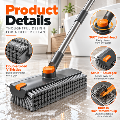 Upgraded 4-in-1 V-Shaped Grout Cleaning Brush, Long Telescopic Handle Floor Scrubber Built-in Squeegee & Hair Catcher for Bathroom, Shower, Glass, Tile Grooves