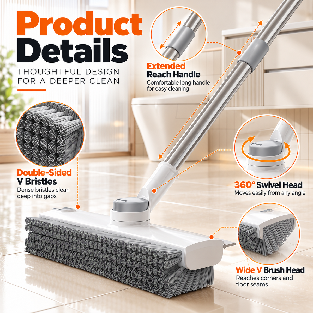 Upgraded 4-in-1 V-Shaped Grout Cleaning Brush, Long Telescopic Handle Floor Scrubber Built-in Squeegee & Hair Catcher for Bathroom, Shower, Glass, Tile Grooves