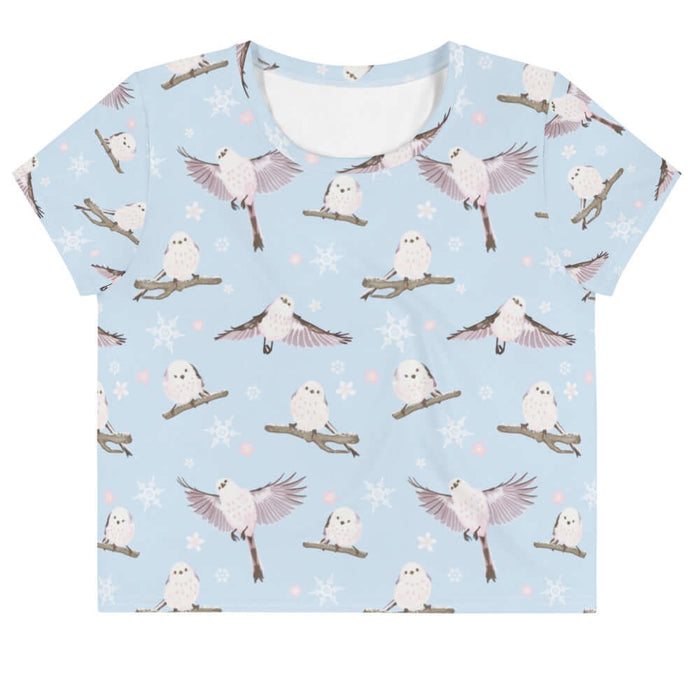 Snow Bird kawaii crop top in soft pastels with fluffy enaga birds and snowflakes