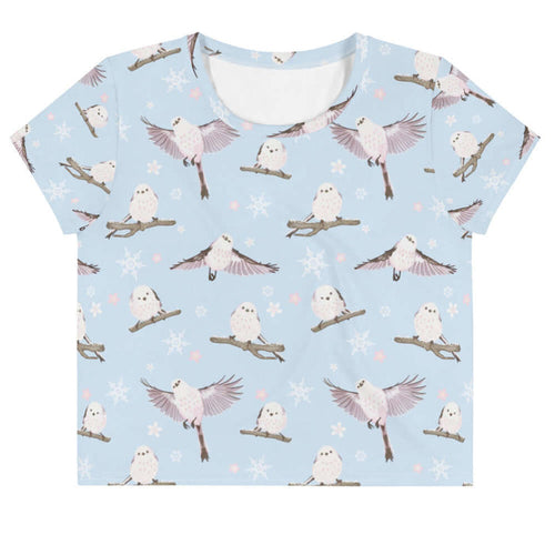 Snow Bird kawaii crop top in soft pastels with fluffy enaga birds and snowflakes