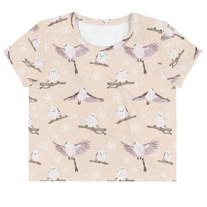 Snow Bird kawaii crop top in soft pastels with perched birds and snowy branches