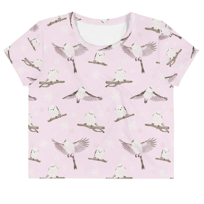 Snow Bird kawaii crop top in powder pink with snow-dusted twigs and sakura petals