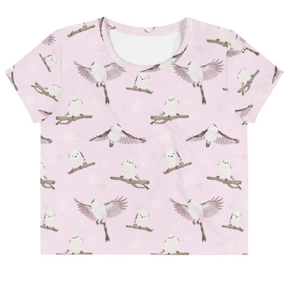 Snow Bird kawaii crop top in powder pink with snow-dusted twigs and sakura petals