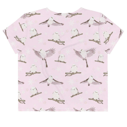 Snow Bird kawaii crop top in powder pink with pink-cheeked enagas and crystalline snowflakes