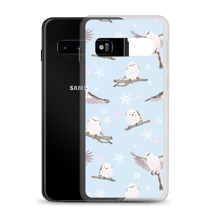 Cute Snow Bird Samsung® Clear Case featuring pastel birds on a blue background, perfect for winter and gatherings.