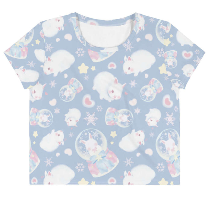 Snow Bunny kawaii crop top in blue with fluffy white bunnies and snow globes
