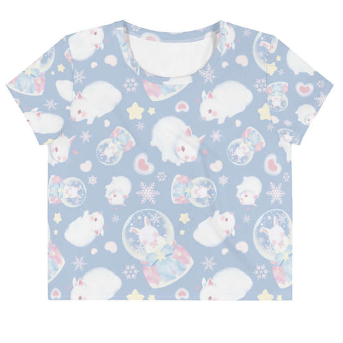 Snow Bunny kawaii crop top in blue with fluffy white bunnies and snow globes