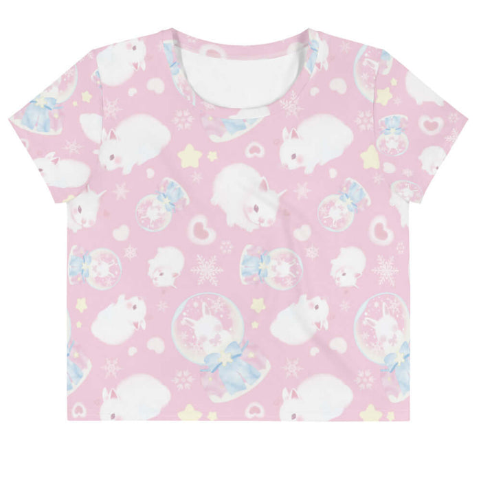 Snow Bunny kawaii crop top in pink with snow globes and drifting snowflakes