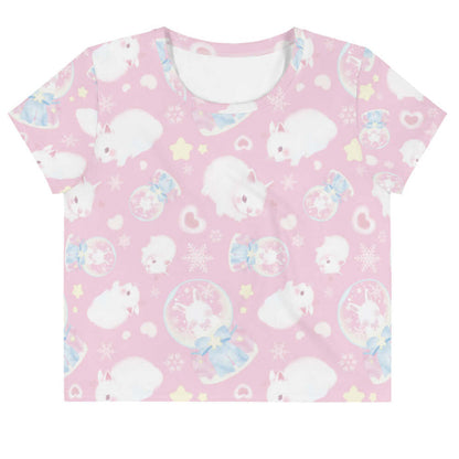 Snow Bunny kawaii crop top in pink with snow globes and drifting snowflakes