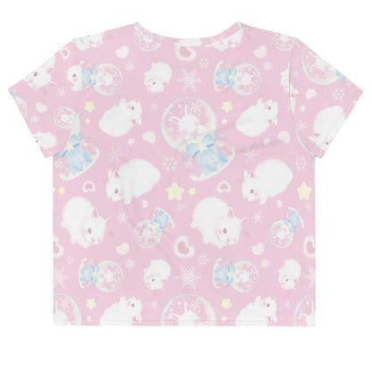 Snow Bunny kawaii crop top in pink with fluffy bunnies and cream stars