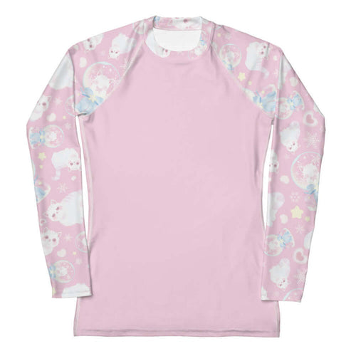 Snow Kitten kawaii rash guard in pink with fluffy white kittens and snow globes
