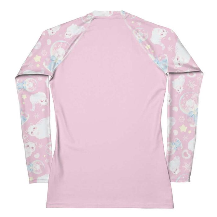 Snow Kitten kawaii rash guard in pink with blushing kittens and blue and pink bows