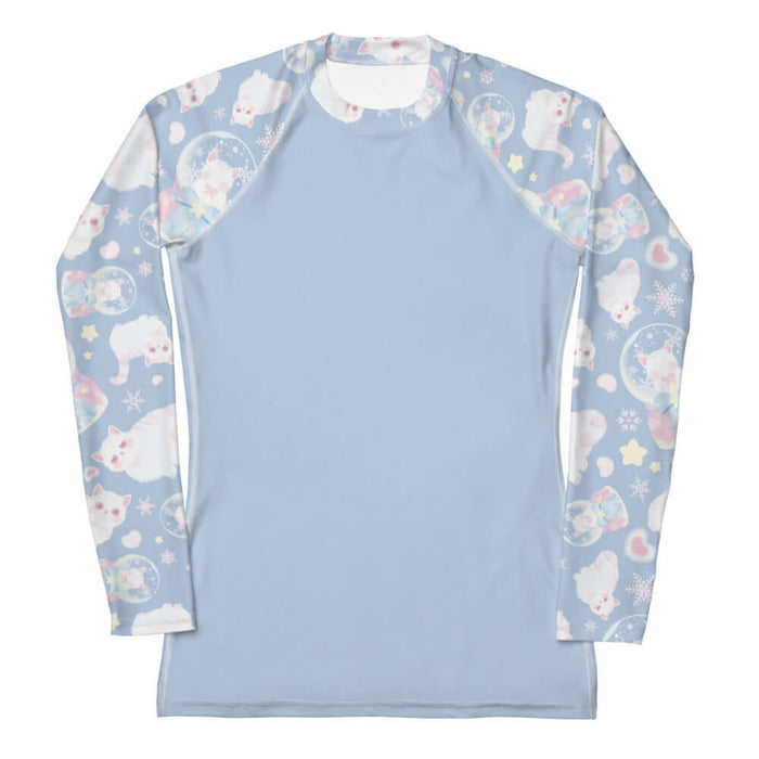 Snow Kitten kawaii rash guard with snow globes and drifting snowflakes