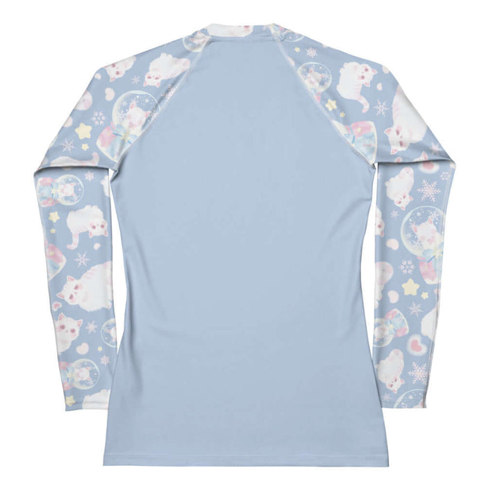 Snow Kitten kawaii rash guard in blue with fluffy kittens and cream stars