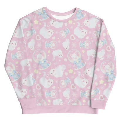 Snow Kitten kawaii sweatshirt in pink with fluffy white kittens and snow globes