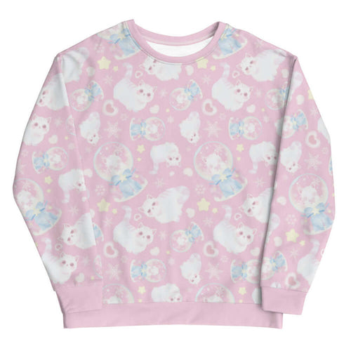 Snow Kitten kawaii sweatshirt in pink with fluffy white kittens and snow globes