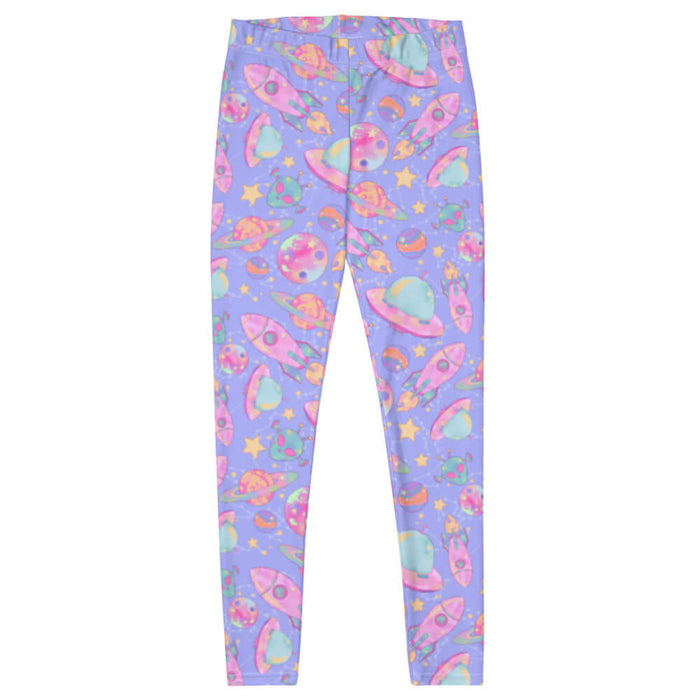 Space kawaii leggings in lavender with pink rockets and ringed Saturns