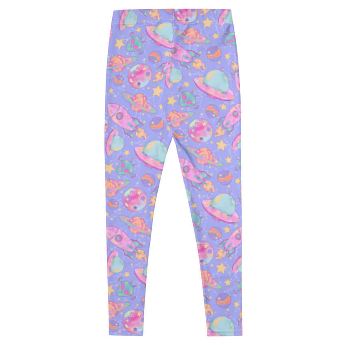 Space kawaii leggings in lavender with mint flying saucers and cream stars
