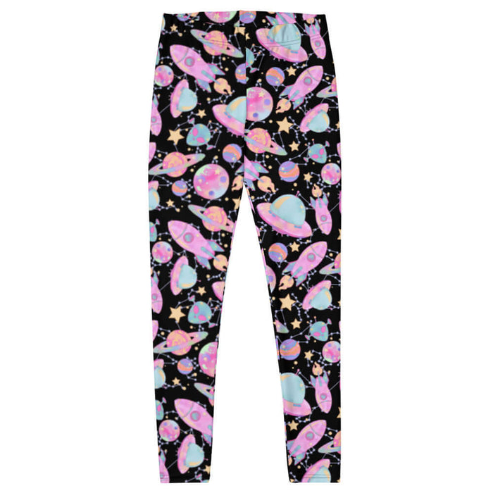 Space kawaii leggings in lavender with rainbow-swirled planets and glowing orbs