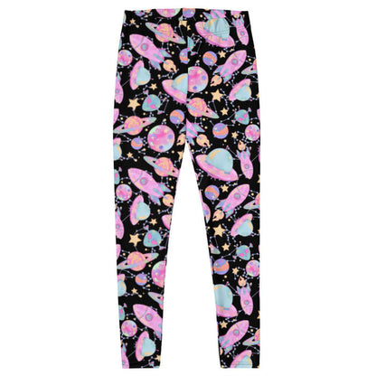 Space kawaii leggings in lavender with rainbow-swirled planets and glowing orbs