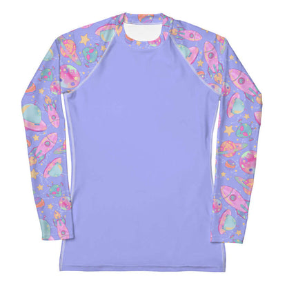 Space kawaii rash guard in lavender with pink rockets and ringed Saturns