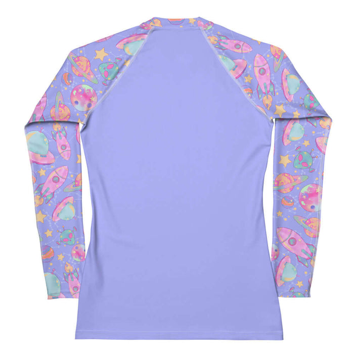 Space kawaii rash guard in lavender with mint flying saucers and cream stars