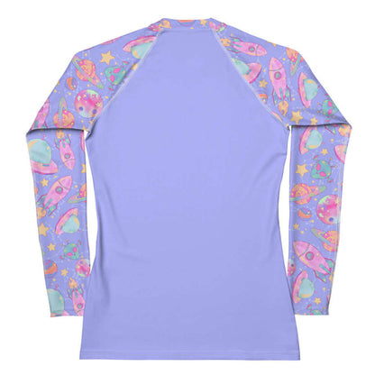 Space kawaii rash guard in lavender with mint flying saucers and cream stars