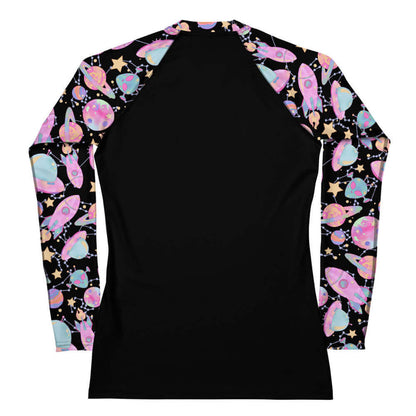 Space kawaii rash guard in lavender with mint aliens and crescent moons