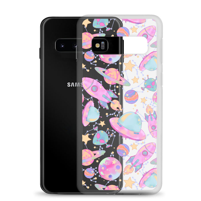 Space kawaii Samsung clear case with a galaxy print of pink rockets and ringed Saturns
