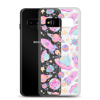 Space kawaii Samsung clear case with a galaxy print of pink rockets and ringed Saturns